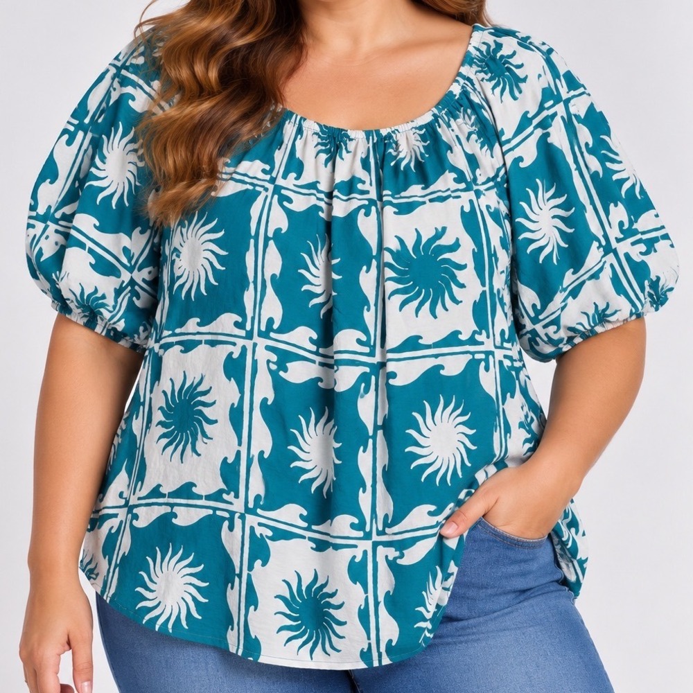 Sonoma L Teal Sun Print Peasant Blouse Balloon Sleeve Whimsical Eclectic Boho